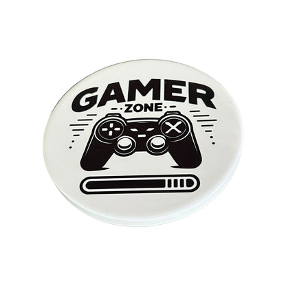 JenDore Gamer Zone Controller Gaming Themed White Black Round Ceramic Coaster