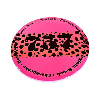 JenDore 757 Hampton Roads Virginia 7 Cities Norfolk Portsmouth Newport News VA Beach Hampton Chesapeake Suffolk Pink Leopard Print Round Ceramic Coaster