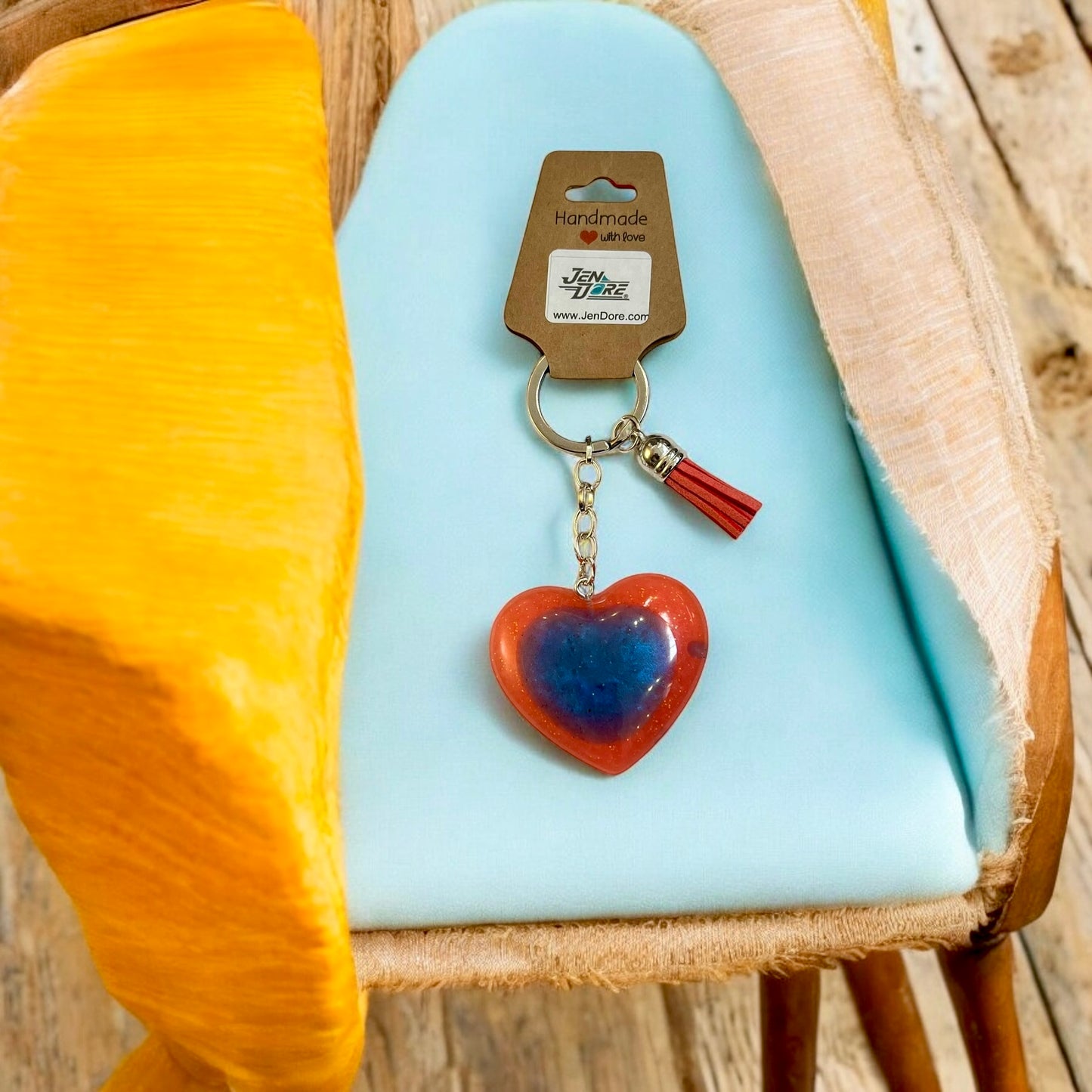 JenDore Handmade Coral Blue Heart Keychain