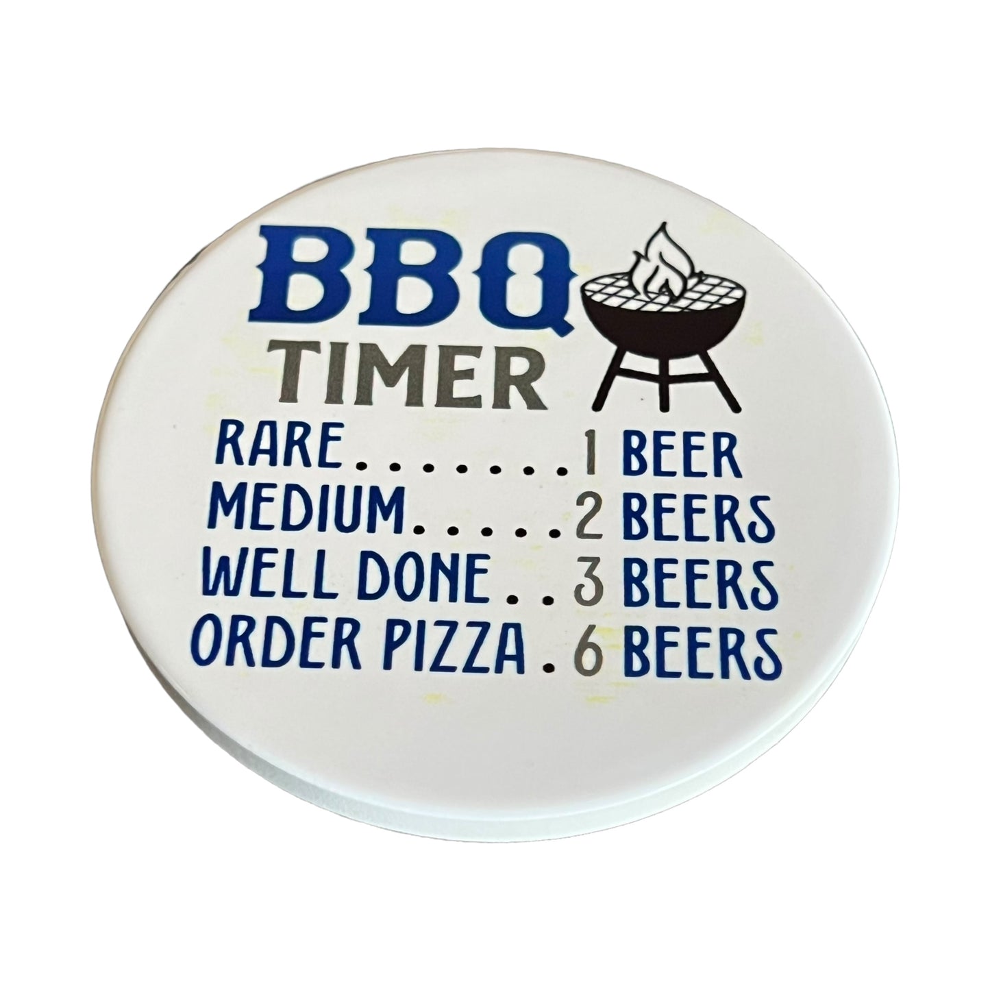 JenDore " BBQ Timer : Rare: 1 beer, Medium: 2 beers, Well done: 3 beers, Order pizza: 6 beers " Handmade Round Ceramic Coaster