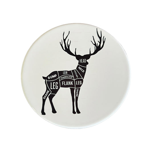 JenDore Black and White Deer Butcher Hunter Diagram Round Ceramic Coaster