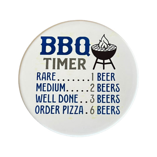 JenDore " BBQ Timer : Rare: 1 beer, Medium: 2 beers, Well done: 3 beers, Order pizza: 6 beers " Handmade Round Ceramic Coaster