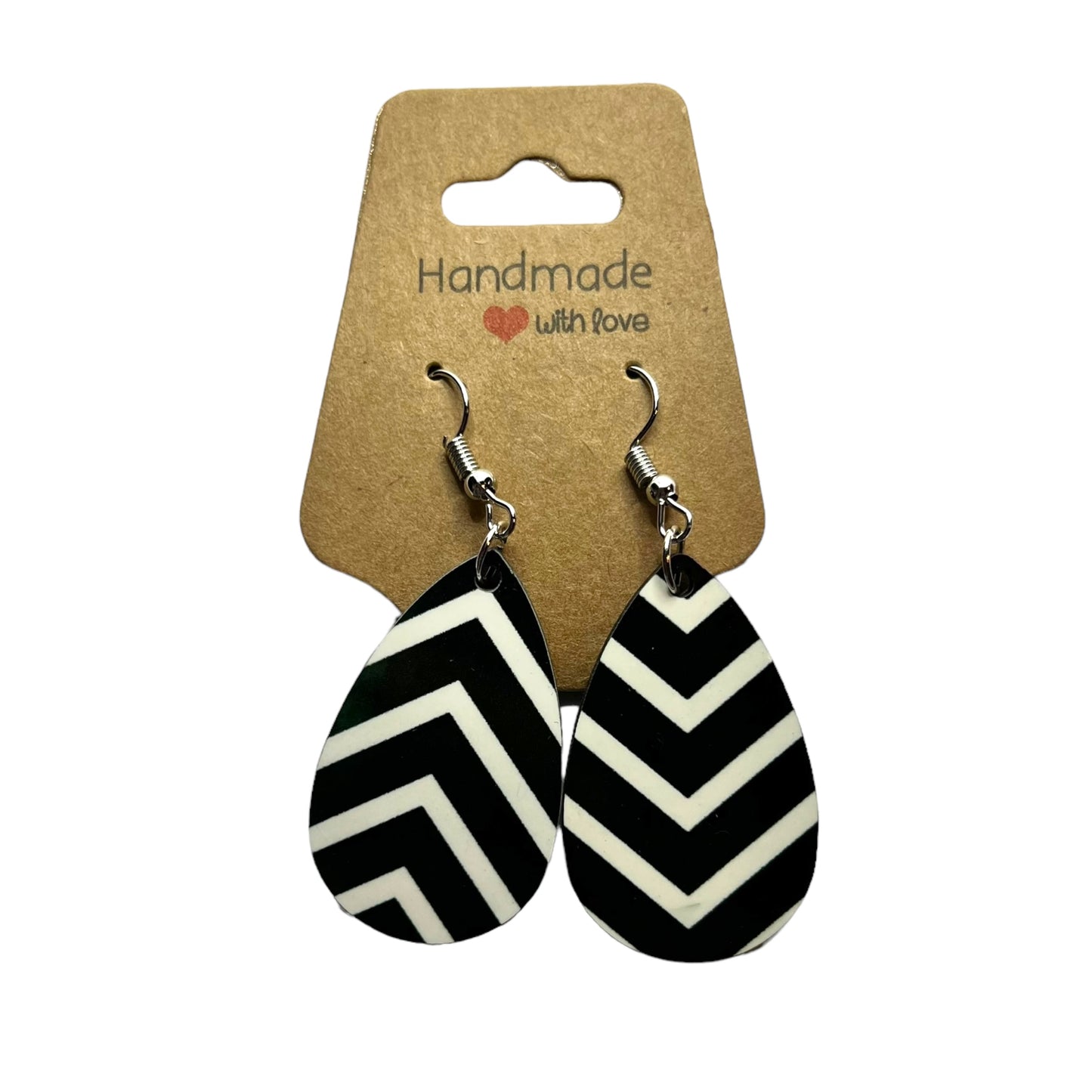 JenDore Black White Striped Printed TearDrop Wood Silver Stainless Steel French Wire Hook Earrings