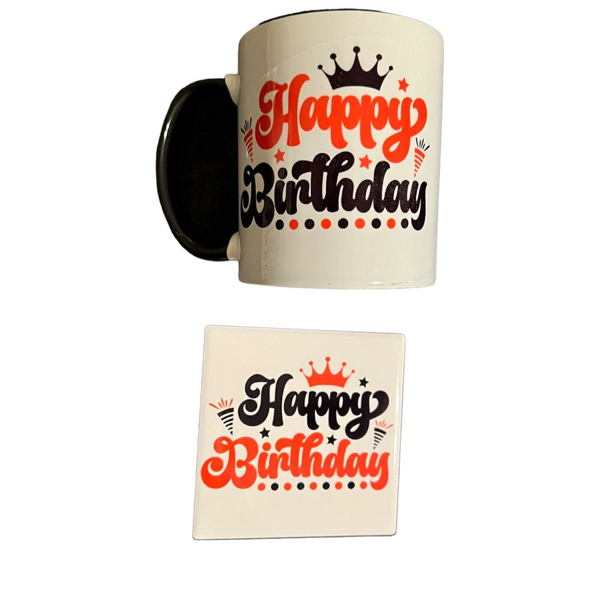 JenDore Happy Birthday Red Black Mug and Coaster Gift Set