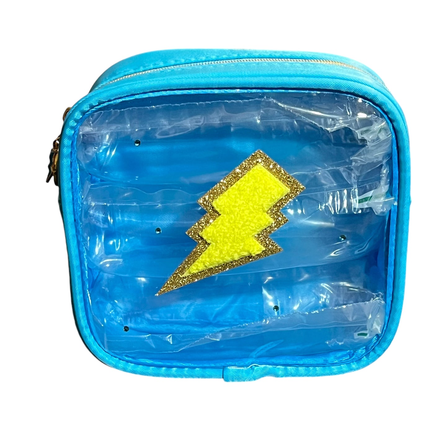 JenDore Blue Yellow Thunderbolt Makeup Bag with Clear Transparent Window - Travel Cosmetic Organizer