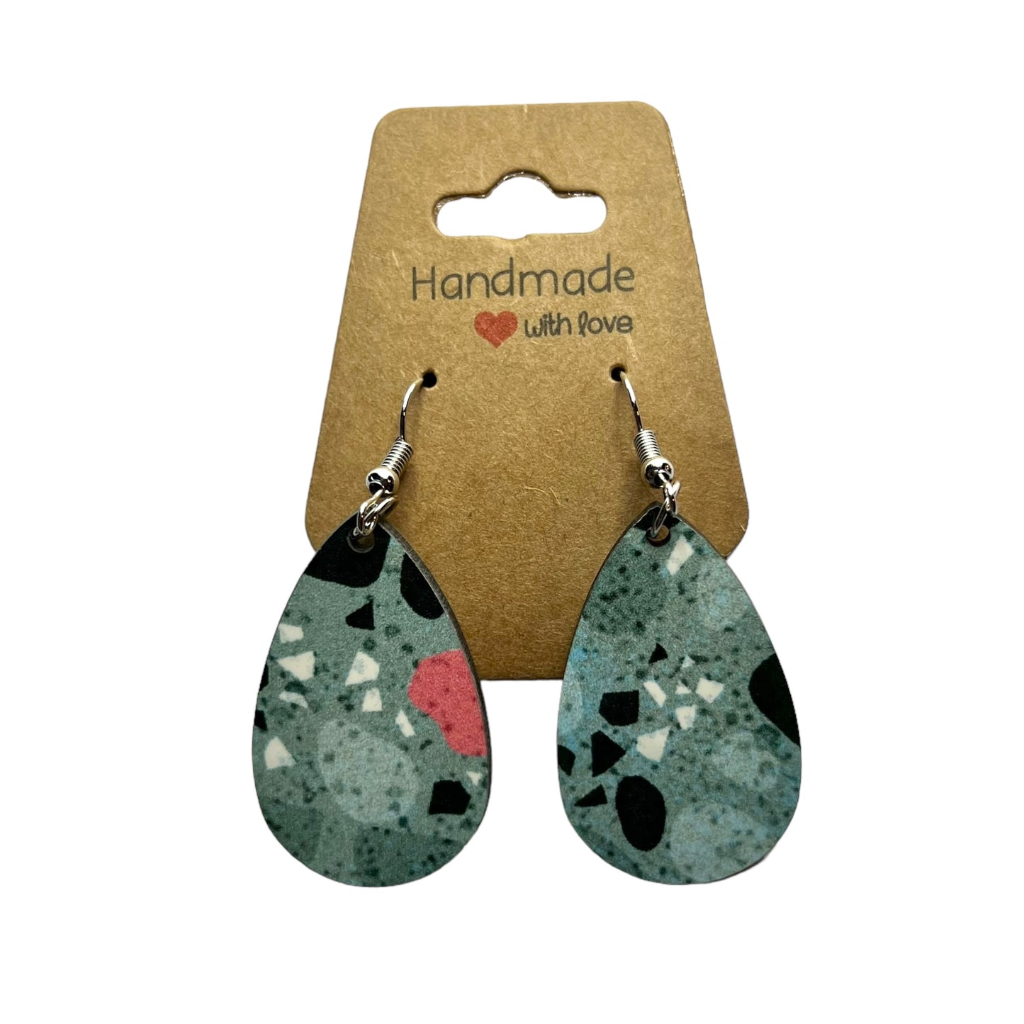 JenDore Stone Printed TearDrop Wood Silver Stainless Steel French Wire Hook Earrings