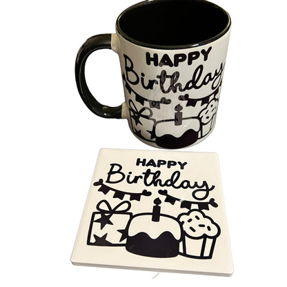 JenDore Happy Birthday 12 oz.  Black and White Ceramic Mug and Coaster Set