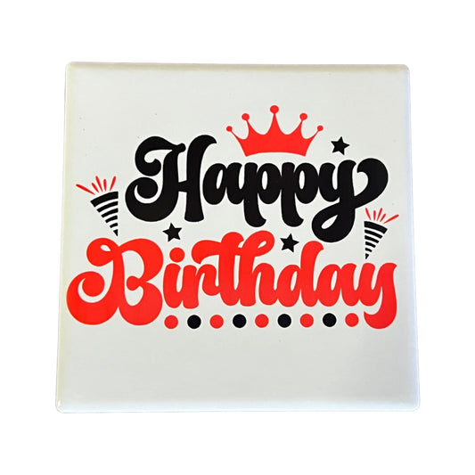 JenDore " Happy Birthday " Red Black Square Ceramic Coaster