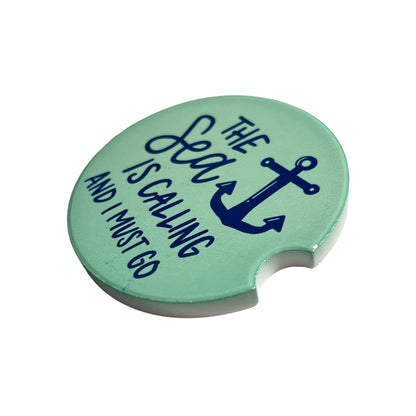 JenDore "The Sea is Calling and I Must Go" Mint Green Blue Handmade Ceramic Car Coaster with coastal design and inspirational message.