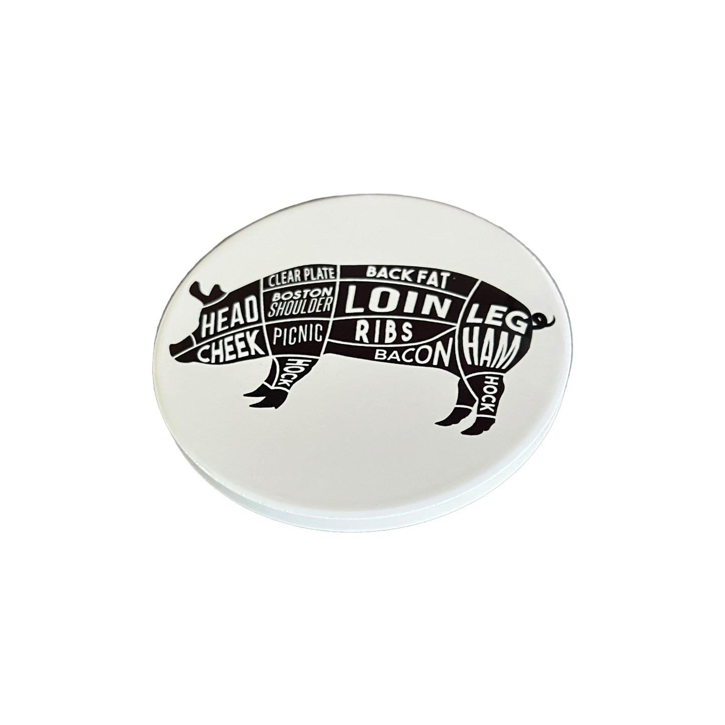 JenDore Black and White Hog Pig Butcher Farmer Hunter Diagram Round Ceramic Coaster