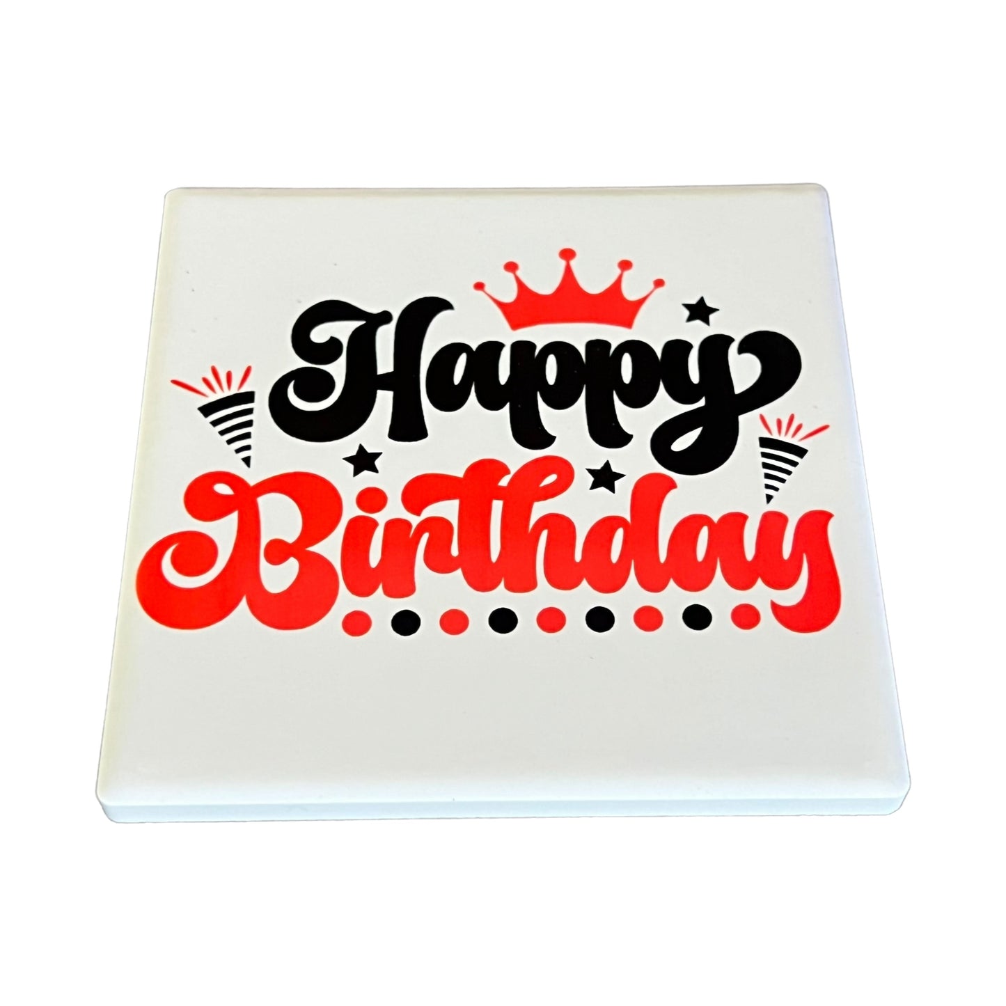 JenDore " Happy Birthday " Red Black Square Ceramic Coaster