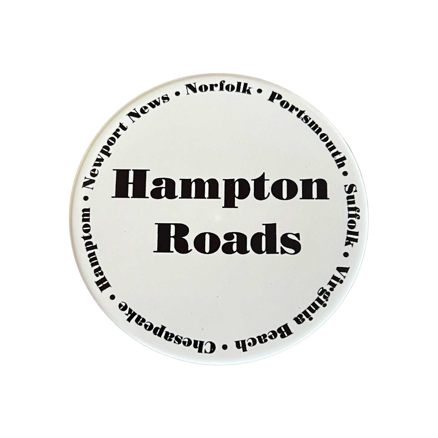 JenDore Hampton Roads Virginia 7 Cities Norfolk Portsmouth Newport News VA Beach Hampton Chesapeake Suffolk Classic Handmade Black White Print Round Ceramic Coaster