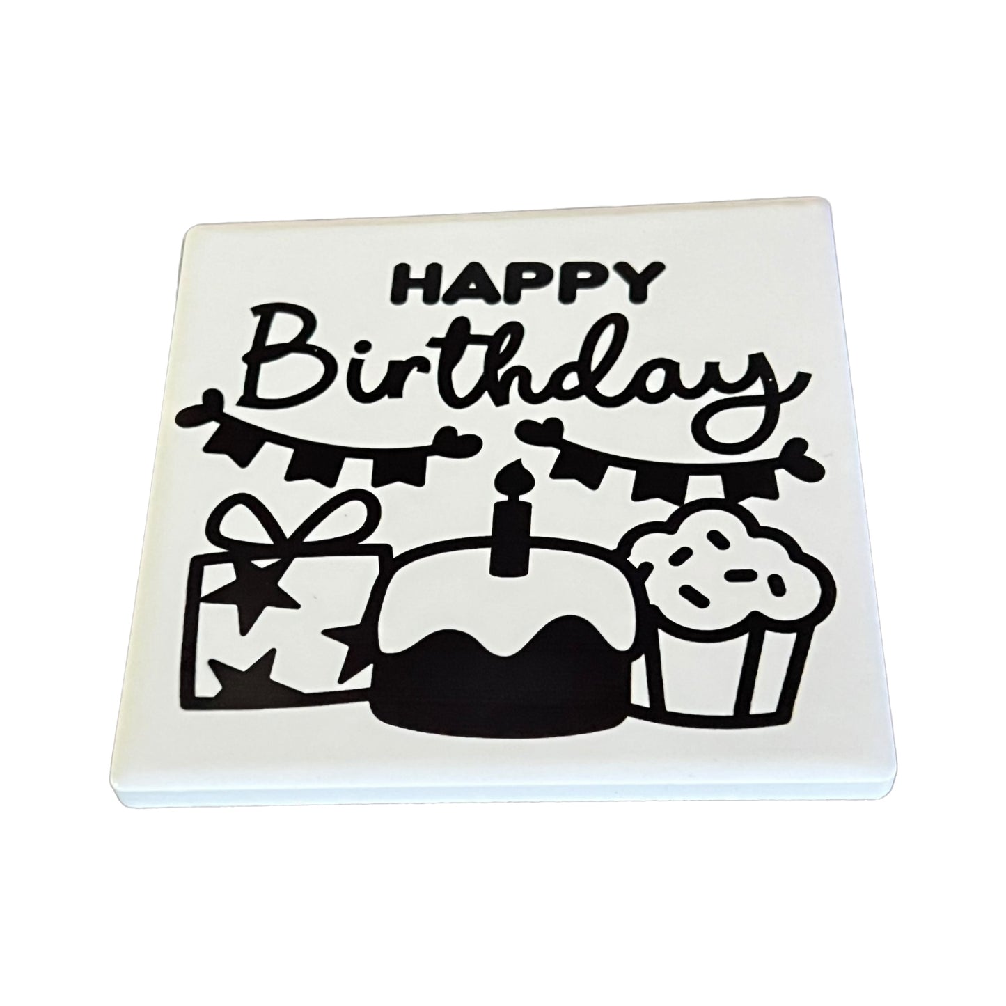 Dessous de verre carré en céramique JenDore Black White Happy Birthday White Black