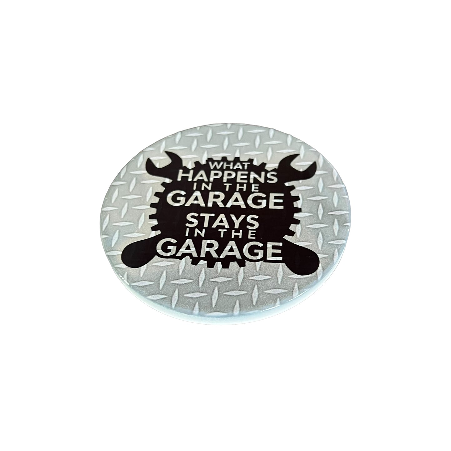 JenDore " What Happens in the Garage Stays in the Garage " Round Ceramic Coaster