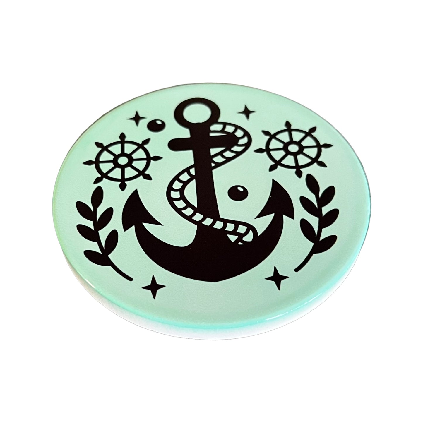 JenDore Nautical Anchor Themed Mint Green Black Round Ceramic Coaster