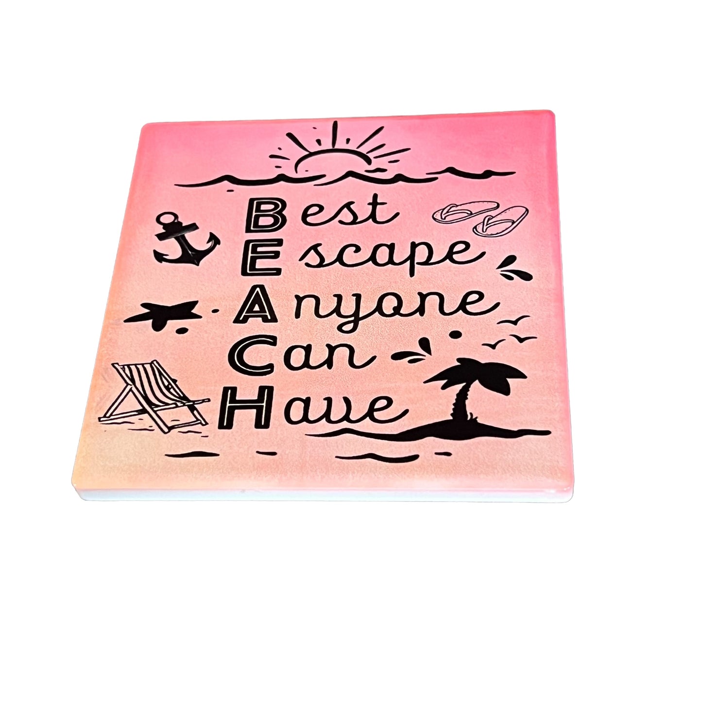 JenDore " Beach : Best Escape Anyone Can Have " Pink Orange Sunset Square  Handmade Ceramic Coaster