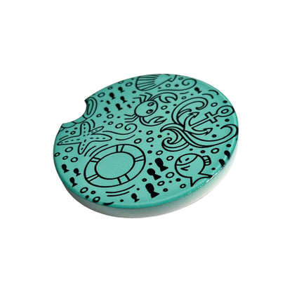 Under the Sea Nautical Mint Green Black Handmade Ceramic Car Coaster