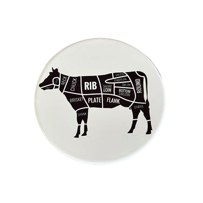 JenDore Black and White Cow Butcher Farmer Diagram Round Ceramic Coaster