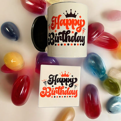 JenDore Happy Birthday Red Black Mug and Coaster Gift Set