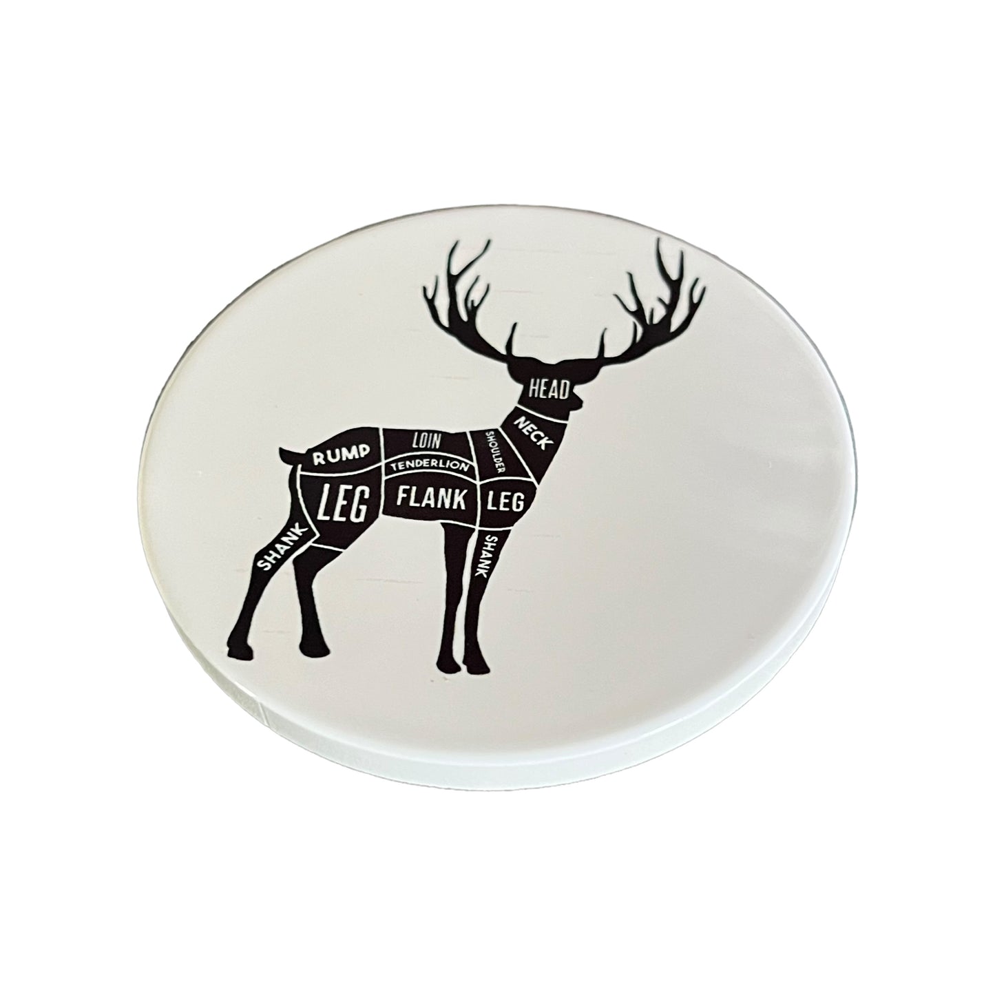 JenDore Black and White Deer Butcher Hunter Diagram Round Ceramic Coaster