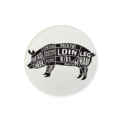 Dessous de verre rond en céramique avec diagramme de cochon boucher fermier chasseur noir et blanc de JenDore