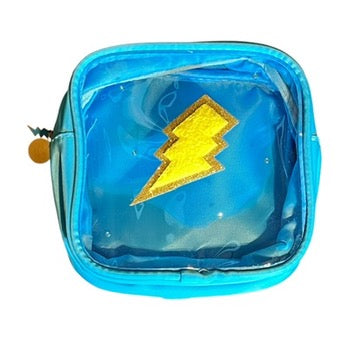 JenDore Blue Yellow Thunderbolt Makeup Bag with Clear Transparent Window - Travel Cosmetic Organizer