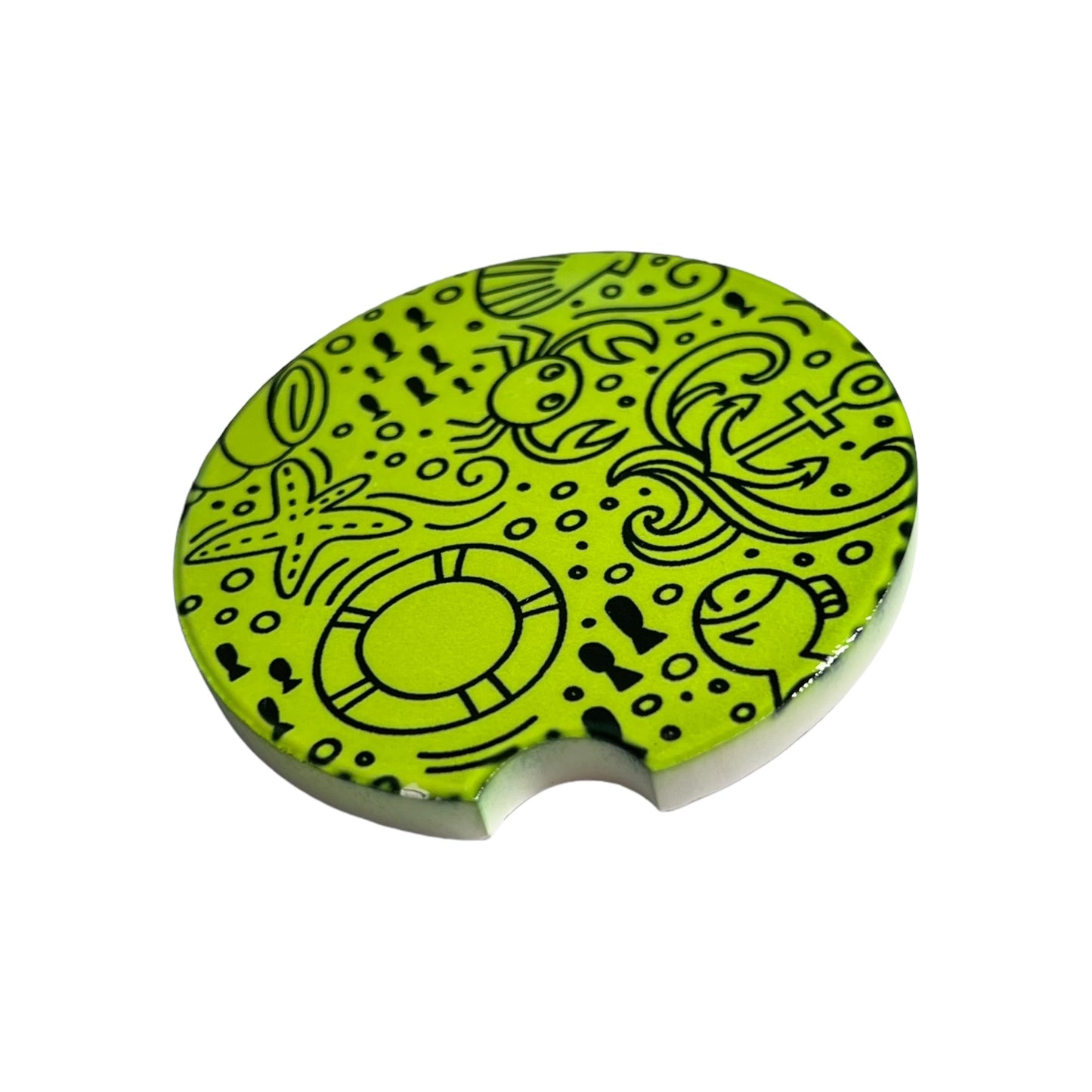 Under the Sea Nautical Lime Green Black Handmade Ceramic Car Coaster