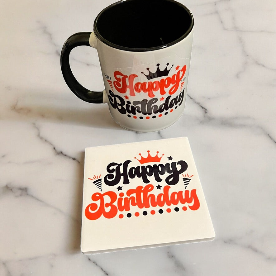 JenDore Happy Birthday Red Black Mug and Coaster Gift Set