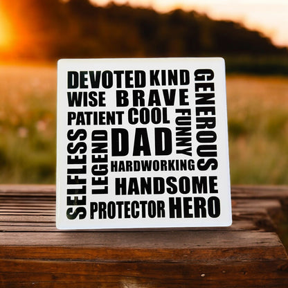 JenDore Dad Word Block Black White Square Ceramic Coaster - Perfect Father's Day Gift