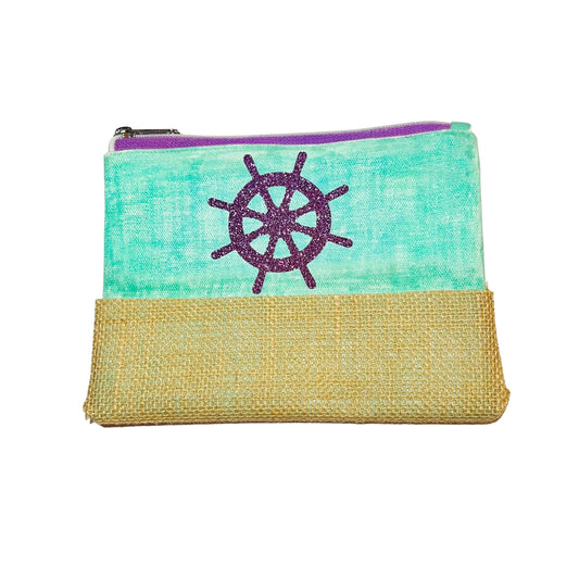 JenDore Purple Green Anchor Beach 6x8 in. Hand-painted Cosmetic Makeup Travel Bag