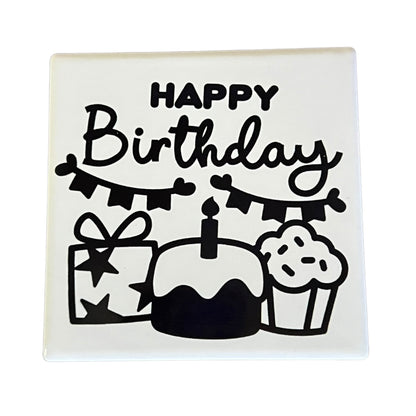 JenDore Black White Happy Birthday White Black Square Ceramic Coaster