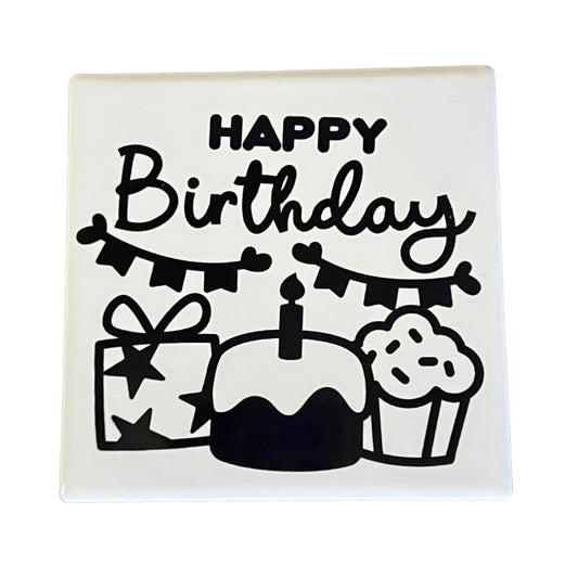 Dessous de verre carré en céramique JenDore Black White Happy Birthday White Black