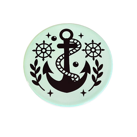 JenDore Nautical Anchor Themed Mint Green Black Round Ceramic Coaster