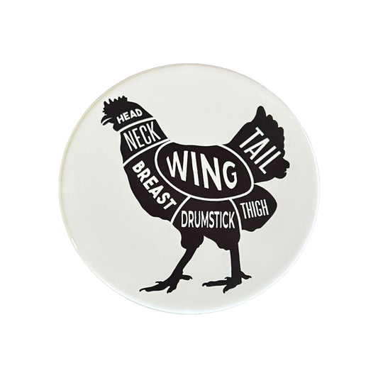 JenDore Black and White Chicken Butcher Farmer Diagram Round Ceramic Coaster