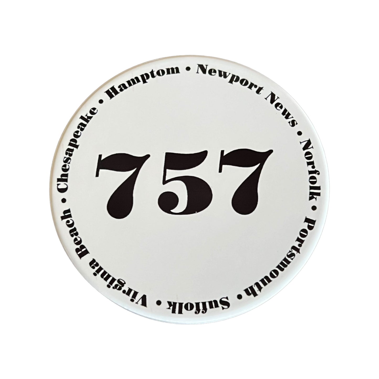 JenDore 757 Hampton Roads Virginia 7 Cities Norfolk Portsmouth Newport News VA Beach Hampton Chesapeake Suffolk Classic Black White Print Handmade Round Ceramic Coaster