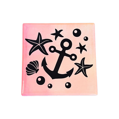 JenDore Sunset Serenity Anchor Pink Orange Square Ceramic Coaster