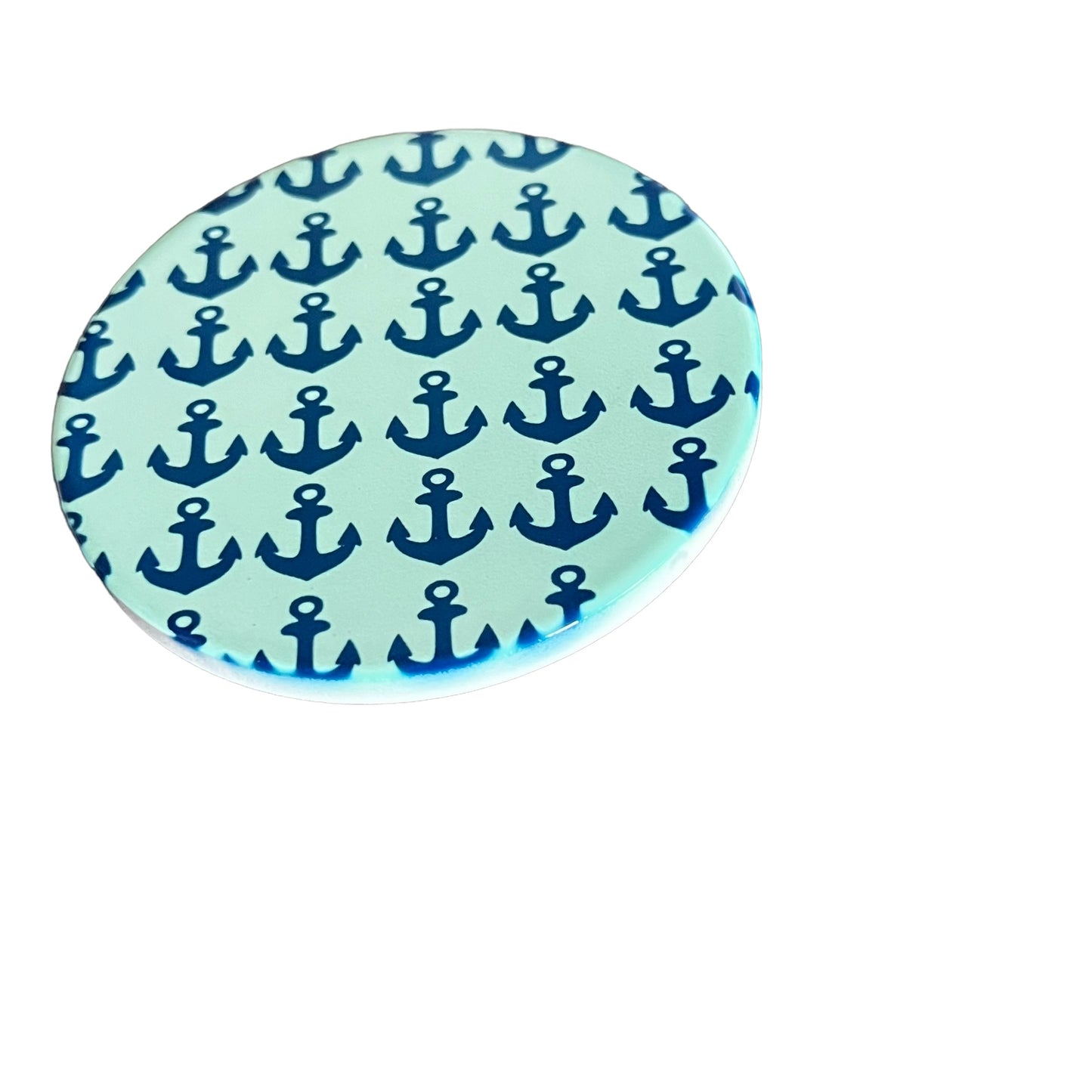 JenDore Nautical Themed Mint Green Navy Blue Anchors Round Ceramic Coaster