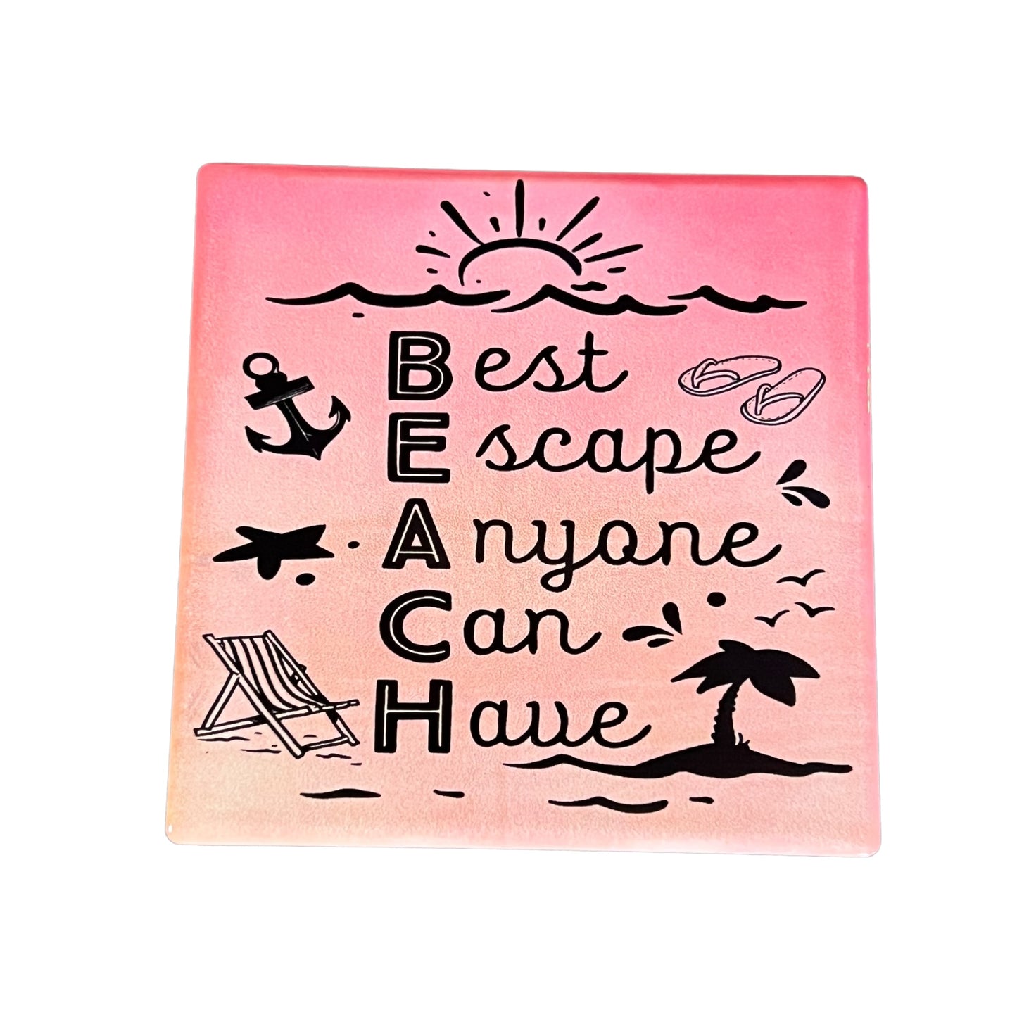 JenDore " Beach : Best Escape Anyone Can Have " Pink Orange Sunset Square  Handmade Ceramic Coaster