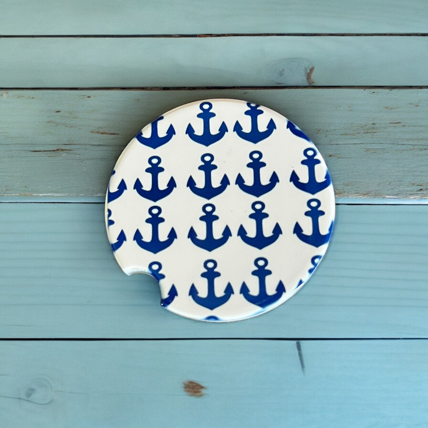 JenDore Handmade Anchors Nautical Themed Blue White Ceramic Car Coaster