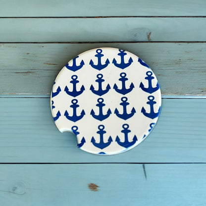 JenDore Handmade Anchors Nautical Themed Blue White Ceramic Car Coaster