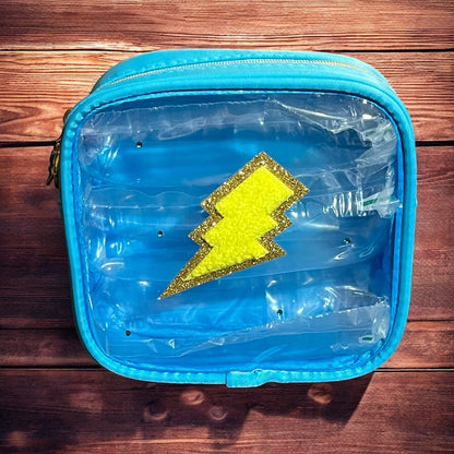 JenDore Blue Yellow Thunderbolt Makeup Bag with Clear Transparent Window - Travel Cosmetic Organizer