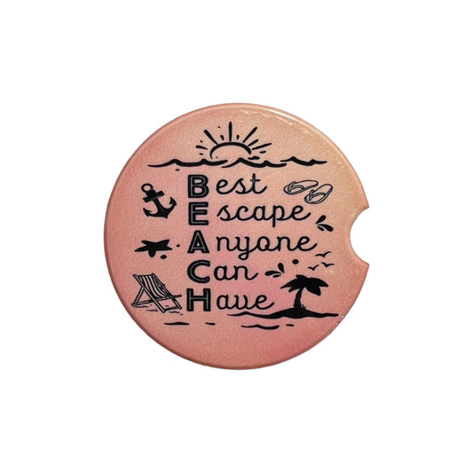 JenDore " Beach : Best Escape Anyone Can Have " Pink Orange Sunset Square Handmade Ceramic Car Coaster