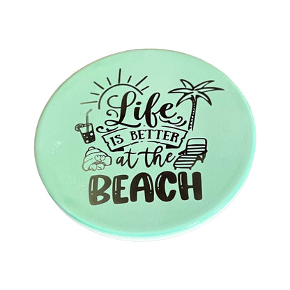 JenDore " Life is Better at the Beach " Mint Green Round Ceramic Coaster