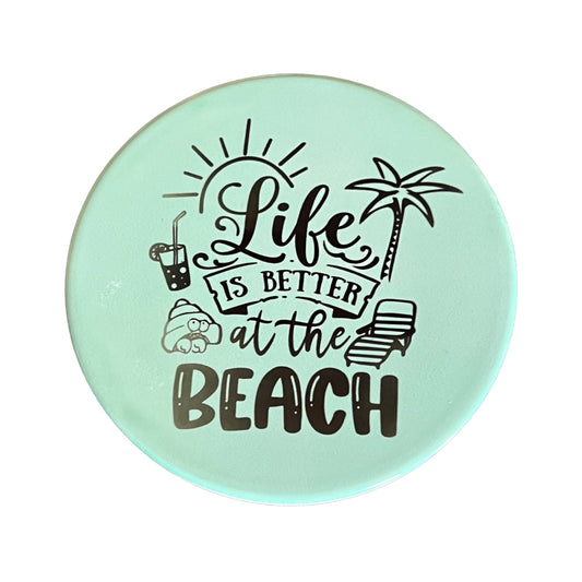 JenDore " Life is Better at the Beach " Mint Green Round Ceramic Coaster