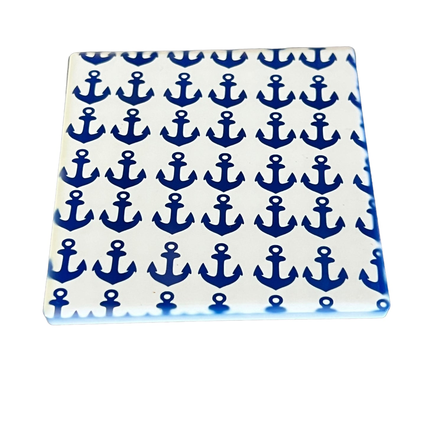 JenDore Handmade Anchors Nautical Themed Blue White Square Ceramic Coaster