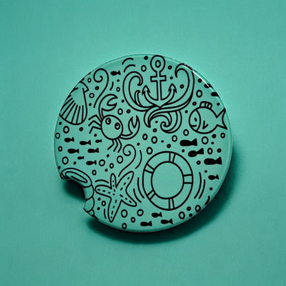 Under the Sea Nautical Mint Green Black Handmade Ceramic Car Coaster