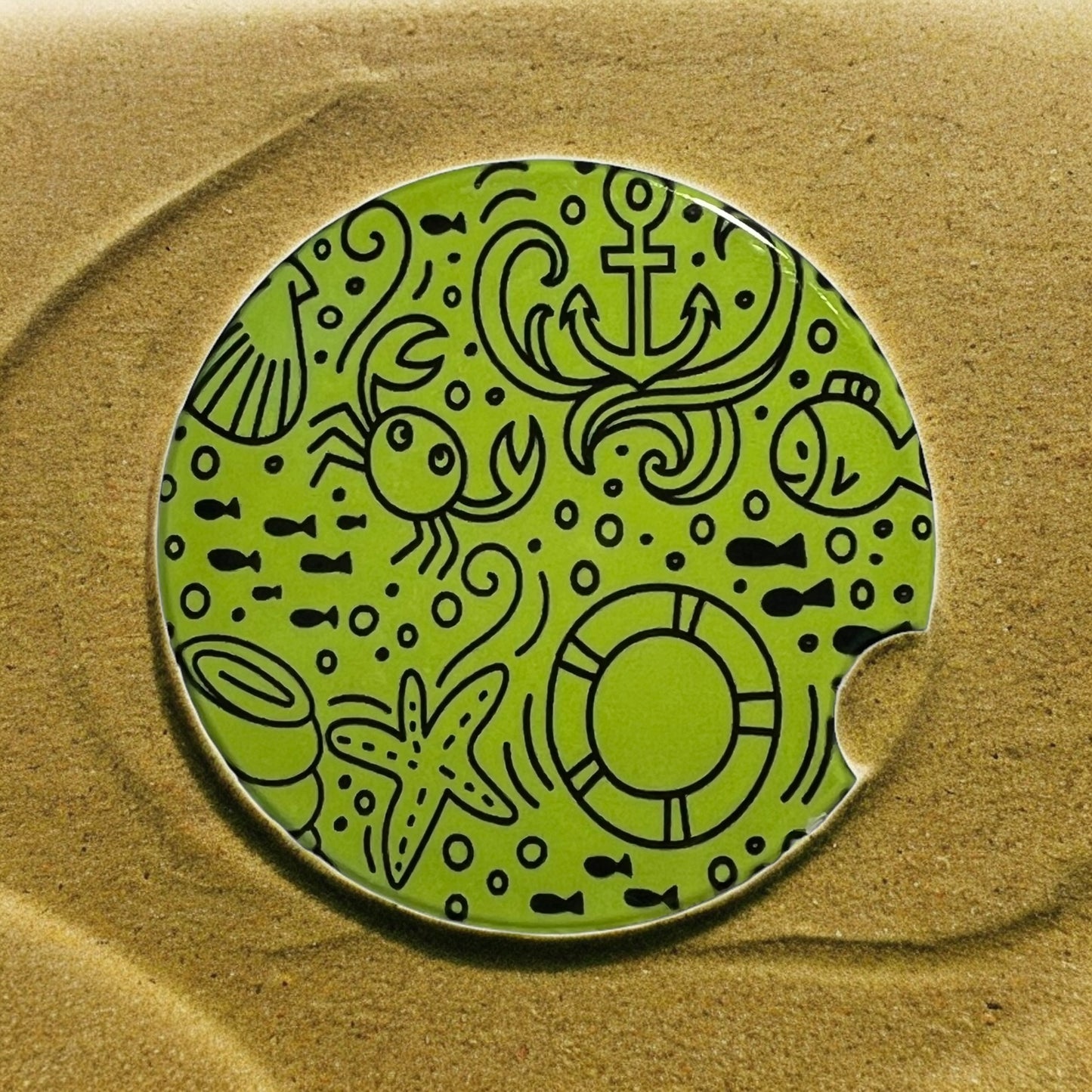 Under the Sea Nautical Lime Green Black Handmade Ceramic Car Coaster