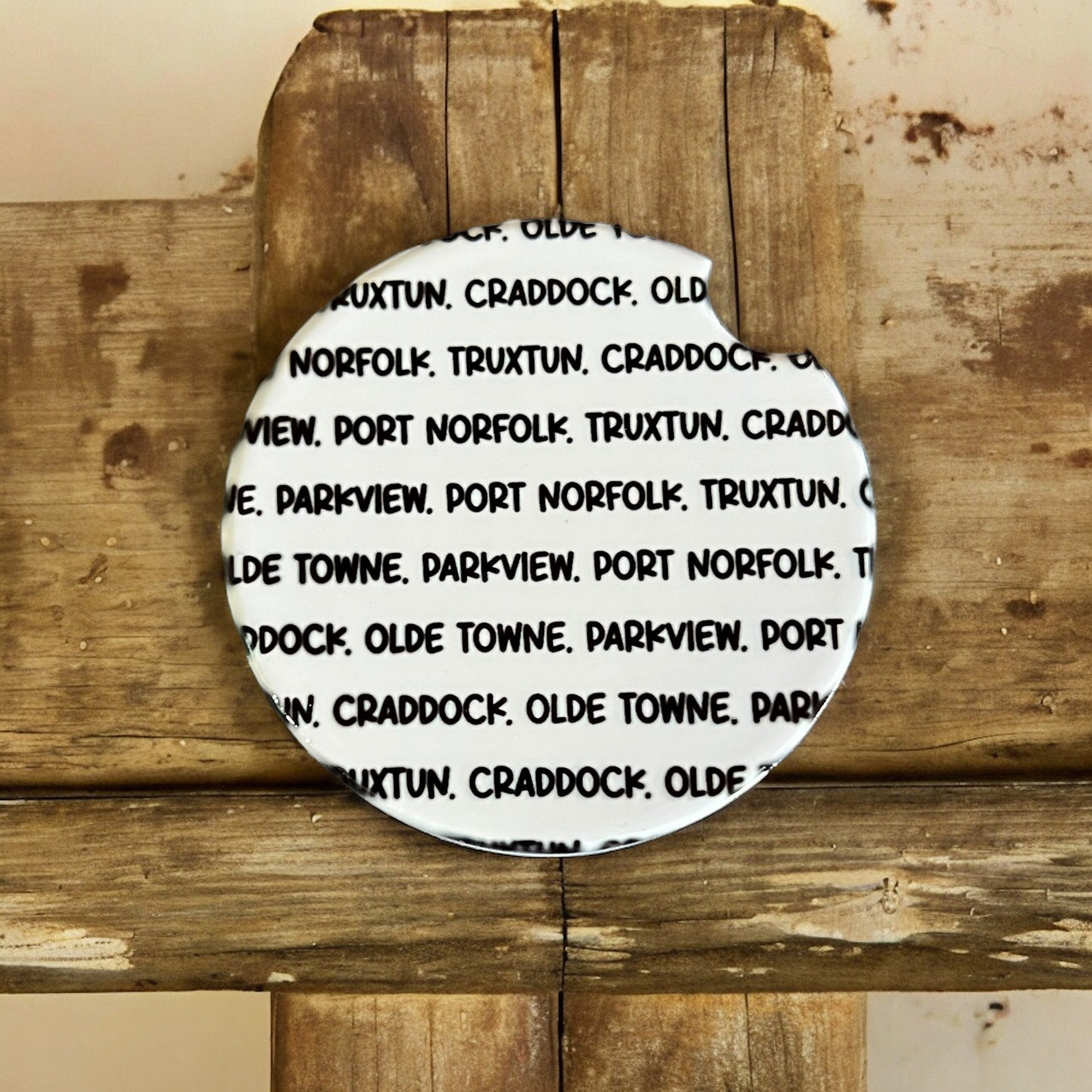 JenDore Handmade Portsmouth Virginia Historic Districts Old Towne Parkview Craddock Port Norfolk Truxton White Black Round Handmade Ceramic Car Coasters