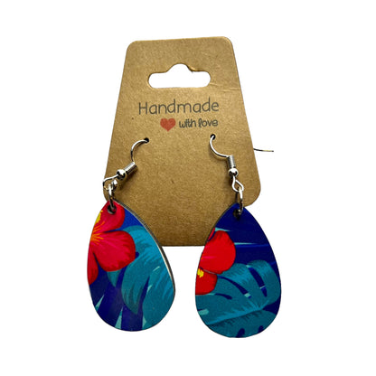 JenDore Tropical Red Blue Floral Printed TearDrop Wood Silver Stainless Steel French Wire Hook Earrings