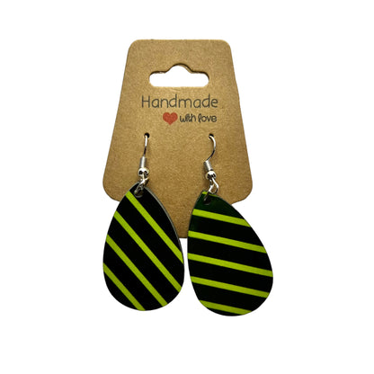 JenDore Lime Green Black Striped Printed TearDrop Wood Silver Stainless Steel French Wire Hook Earrings